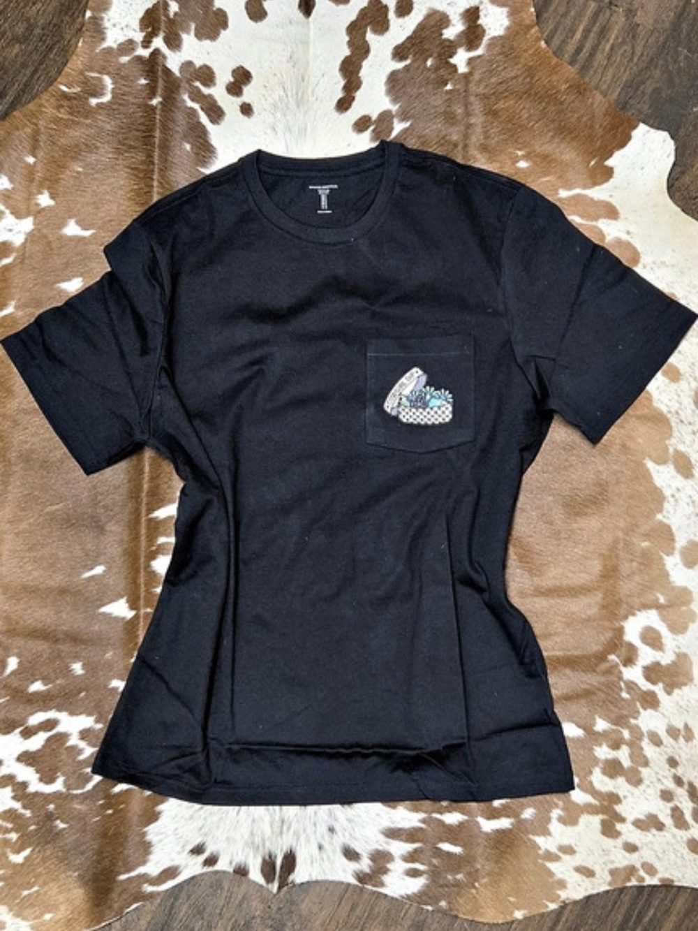 Cowgirl Dip Embroidered Patch Unisex Heavy Cotton Pocket Tee Black Short Sleeve